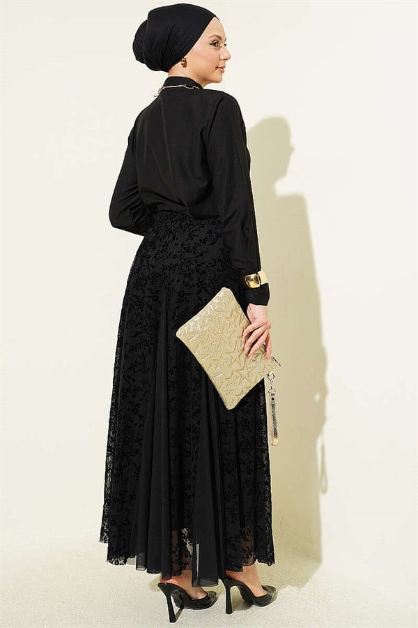 Floral Patterned Tulle Skirt 2 Piece Set with Scarf, Black