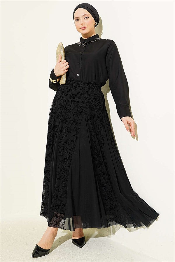 Floral Patterned Tulle Skirt 2 Piece Set with Scarf, Black