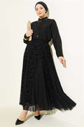 Floral Patterned Tulle Skirt 2 Piece Set with Scarf, Black
