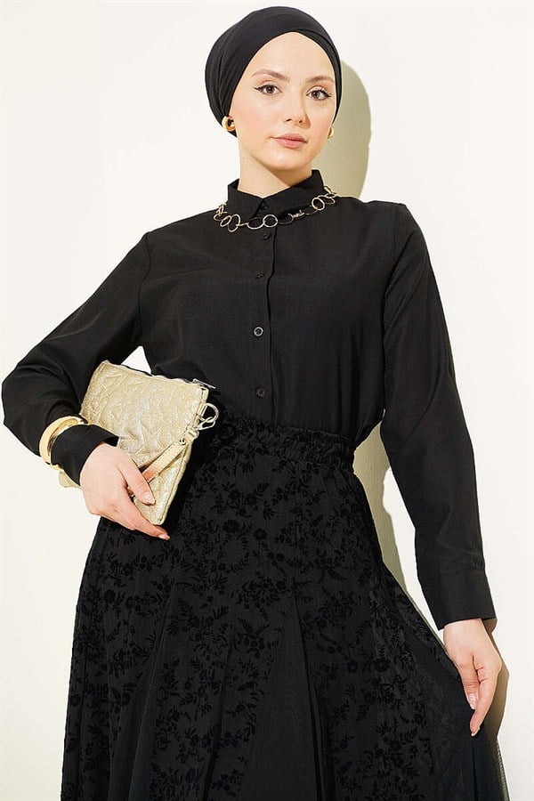 Floral Patterned Tulle Skirt 2 Piece Set with Scarf, Black