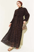 Floral Patterned Tulle Dress with Strappy Belt, Coffee