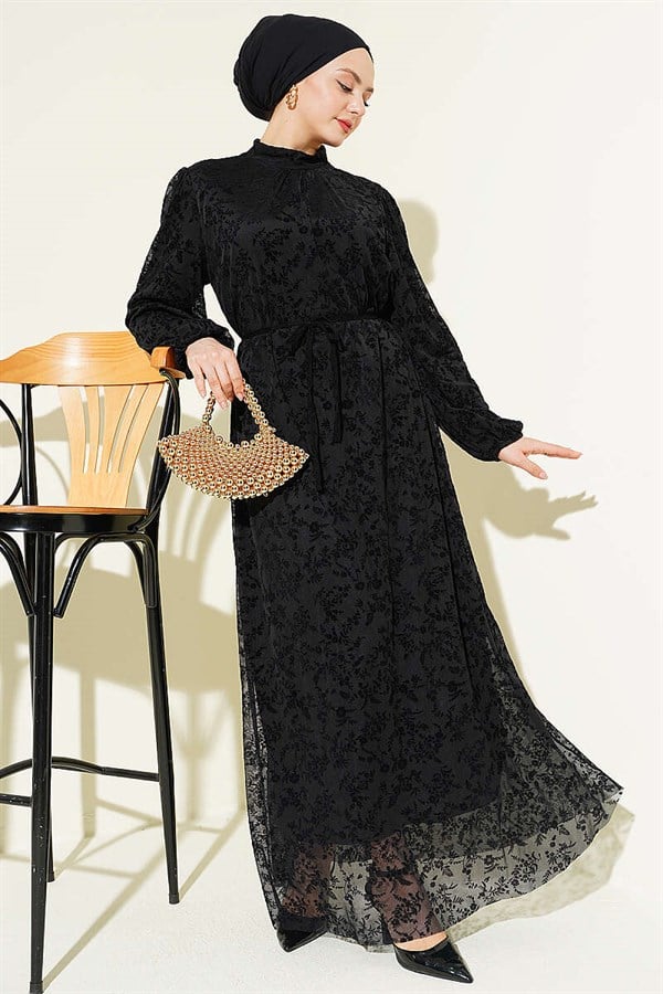 Floral Patterned Tulle Dress with Strappy Belt, Black