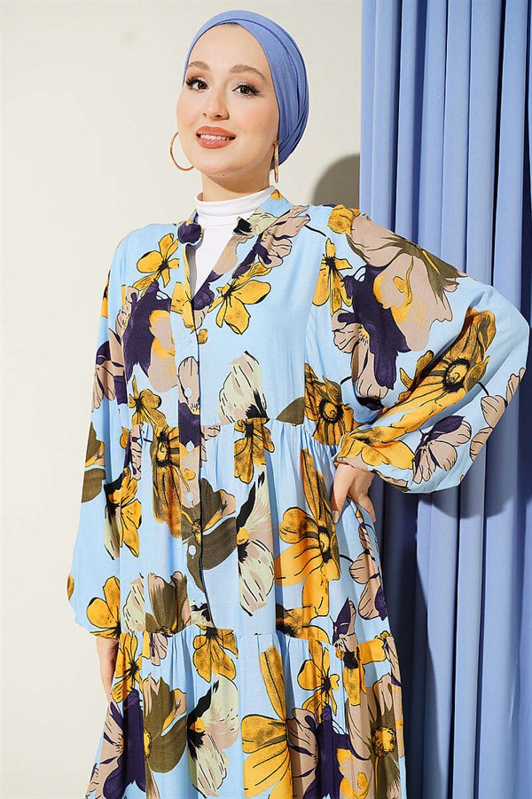 Floral Pattern Layered Button Dress Blue