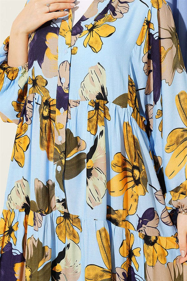 Floral Pattern Layered Button Dress Blue