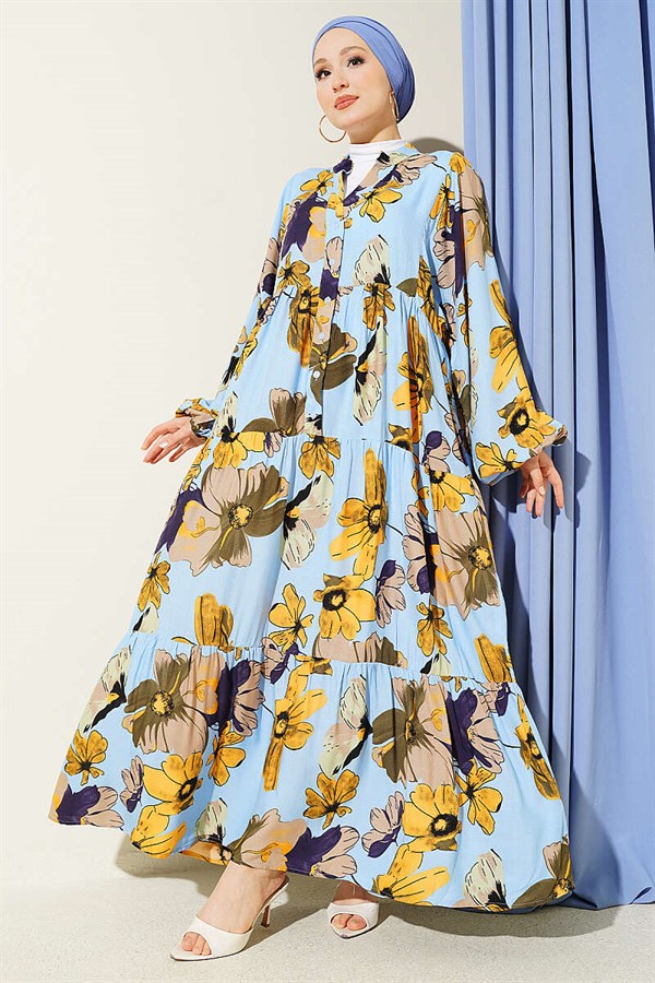 Floral Pattern Layered Button Dress Blue