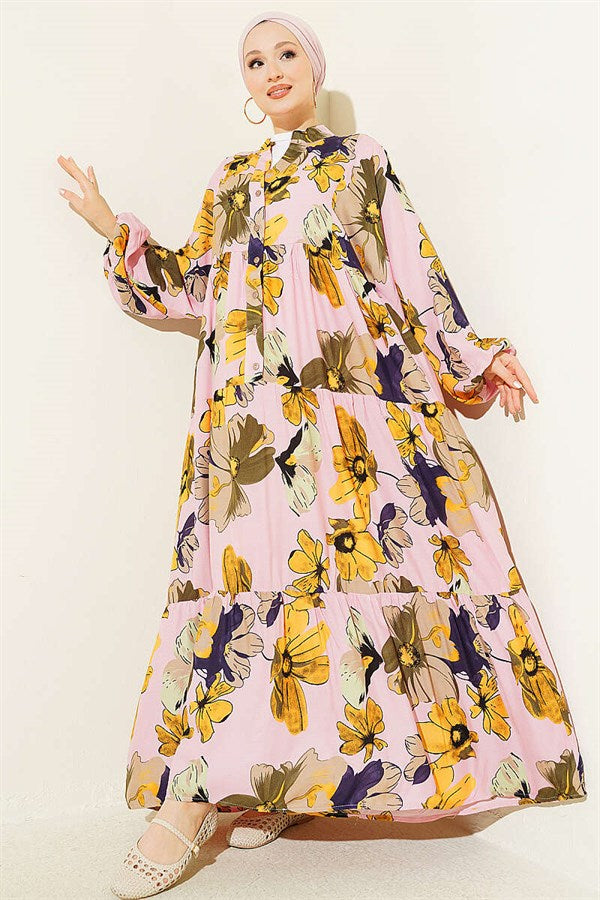 Floral Pattern Layered Button Dress Pink