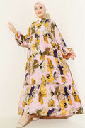Floral Pattern Layered Button Dress Pink