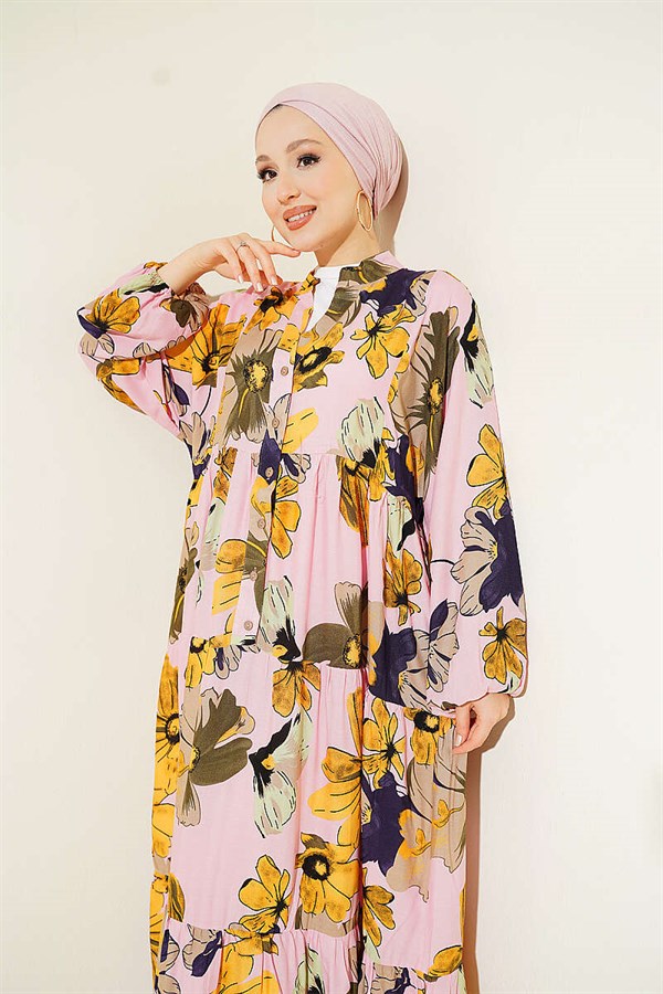 Floral Pattern Layered Button Dress Pink