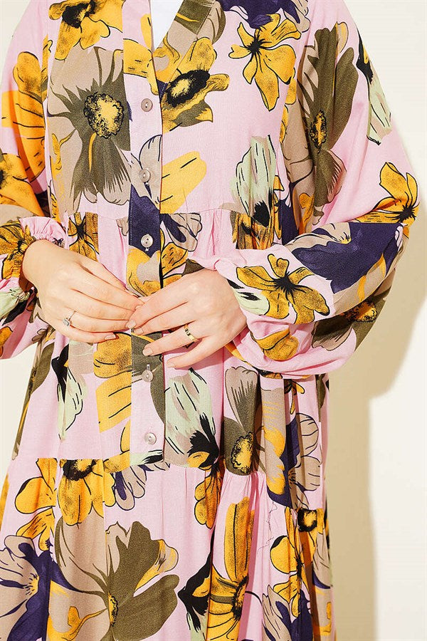 Floral Pattern Layered Button Dress Pink