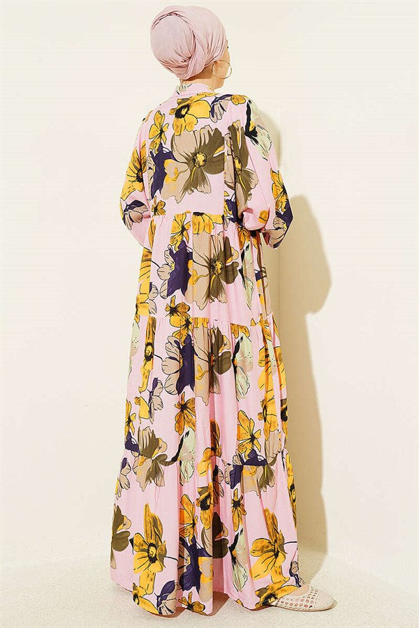 Floral Pattern Layered Button Dress Pink