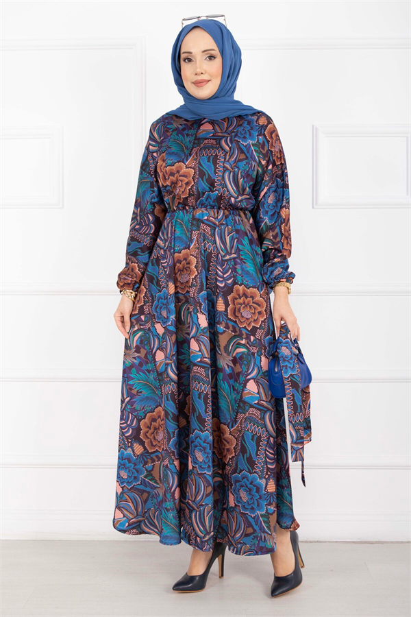 Floral Pattern Belted Hijab Dress Indigo
