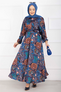 Floral Pattern Belted Hijab Dress Indigo