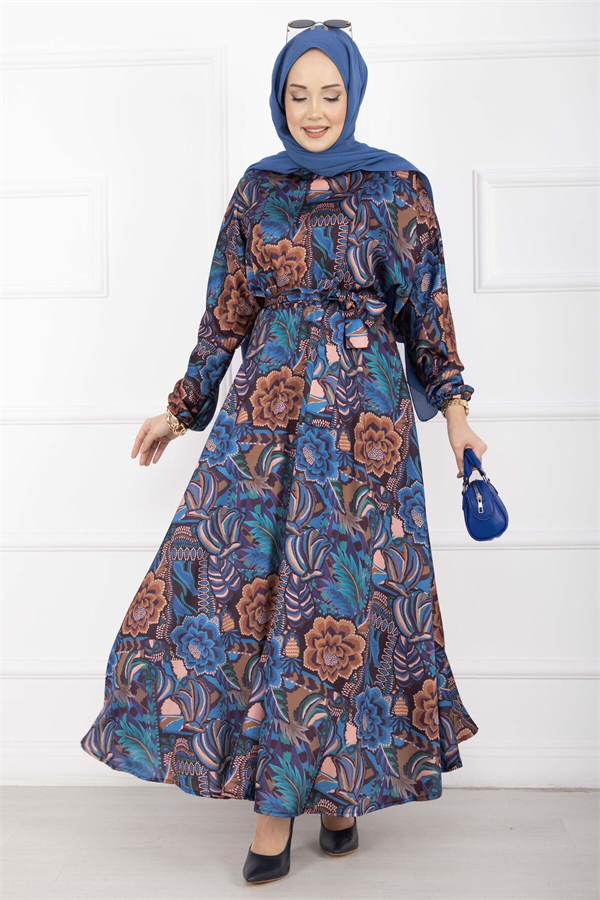 Floral Pattern Belted Hijab Dress Indigo