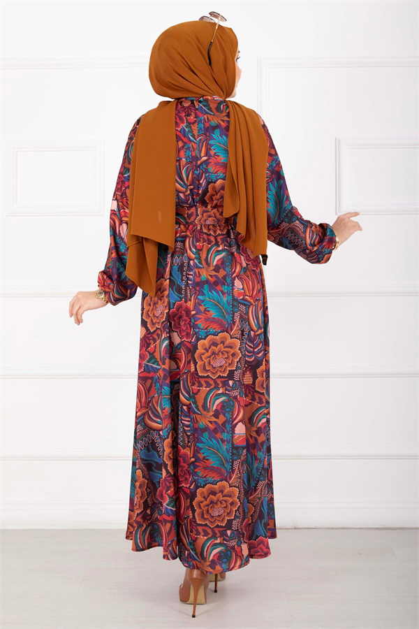 Floral Patterned Belted Hijab Dress in Terracotta