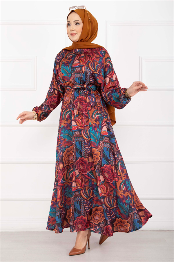 Floral Patterned Belted Hijab Dress in Terracotta