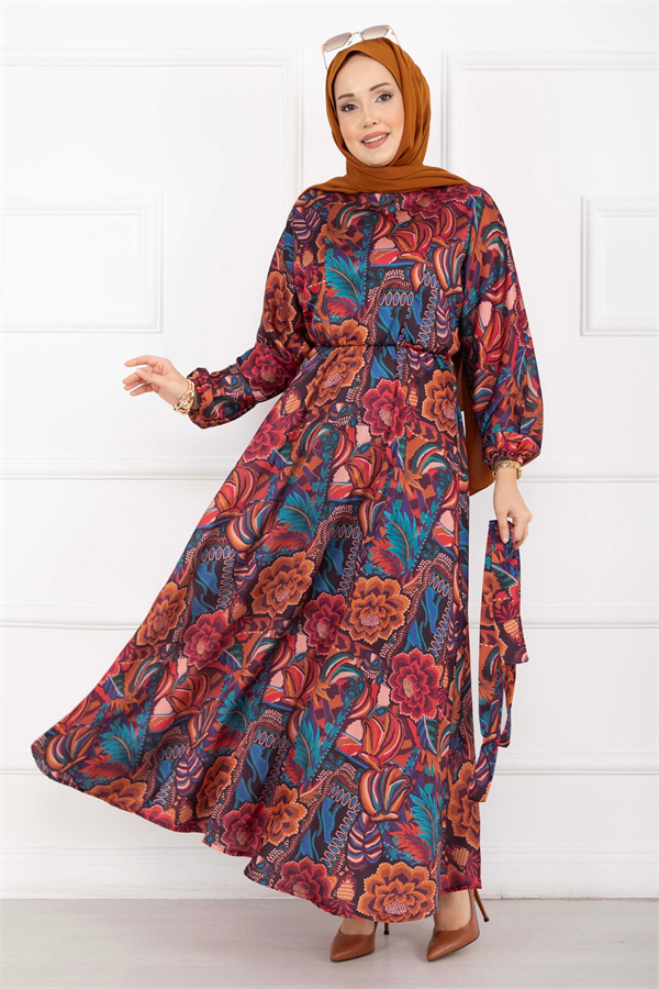 Floral Patterned Belted Hijab Dress in Terracotta