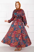 Floral Patterned Belted Hijab Dress in Terracotta