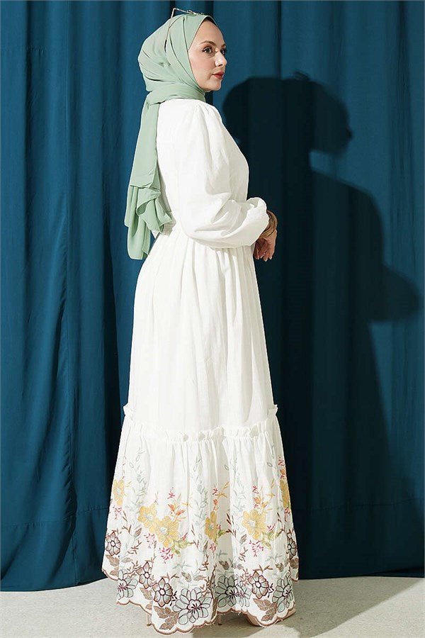 Floral Pattern Embroidered Dress Coffee