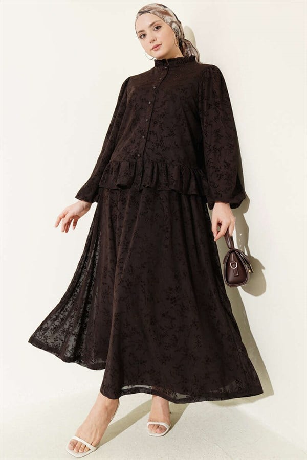 2 Piece Set with Floral Pattern and Tulle Skirt, Coffee