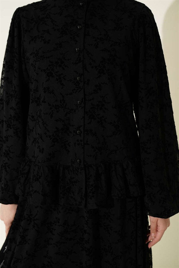 Floral Pattern Tulle Skirt 2 Piece Set, Black