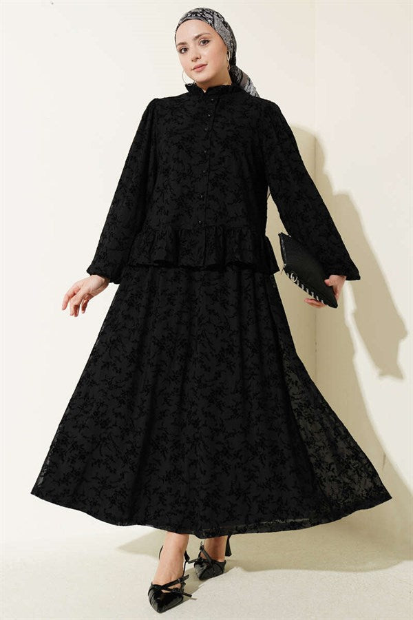 Floral Pattern Tulle Skirt 2 Piece Set, Black