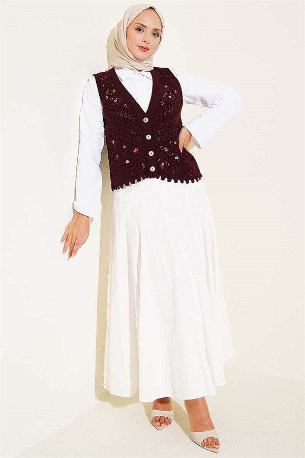 Floral Patterned Openwork Buttoned Vest, Burgundy