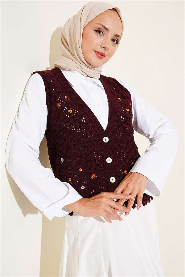 Floral Patterned Openwork Buttoned Vest, Burgundy