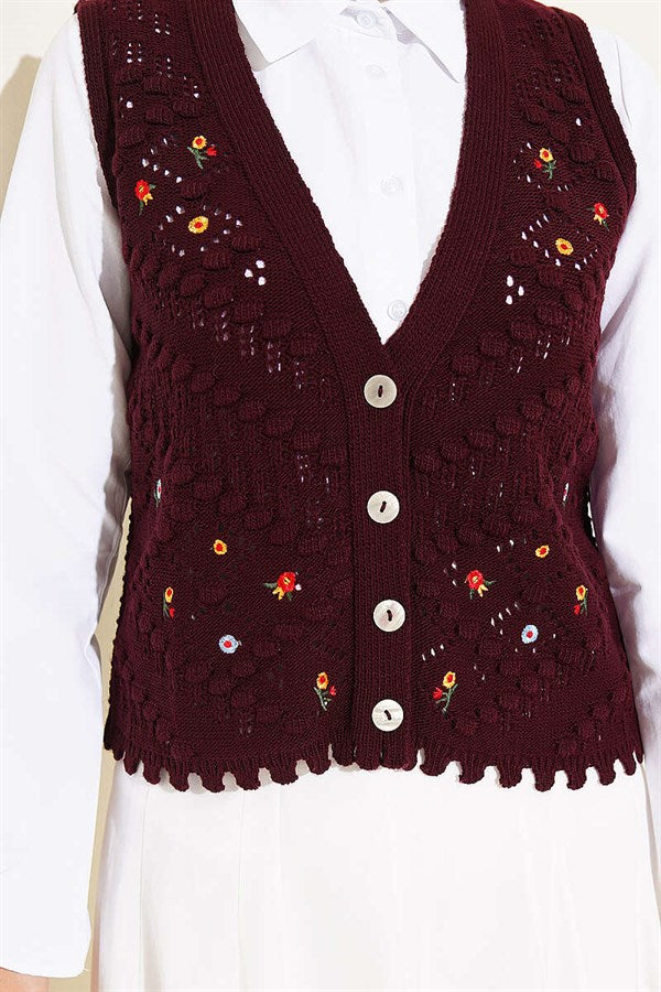 Floral Patterned Openwork Buttoned Vest, Burgundy