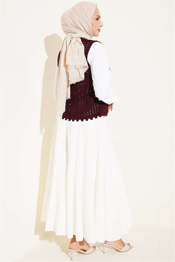 Floral Patterned Openwork Buttoned Vest, Burgundy