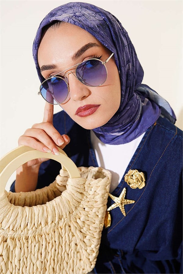 Floral Patterned Bamboo Kash Scarf Indigo