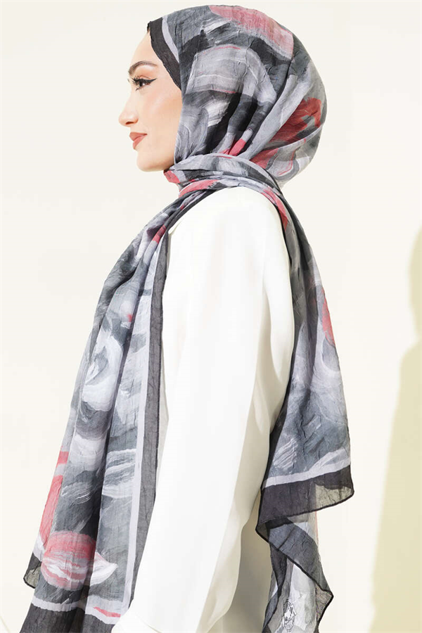 Floral Patterned Bamboo Kash Scarf, Black