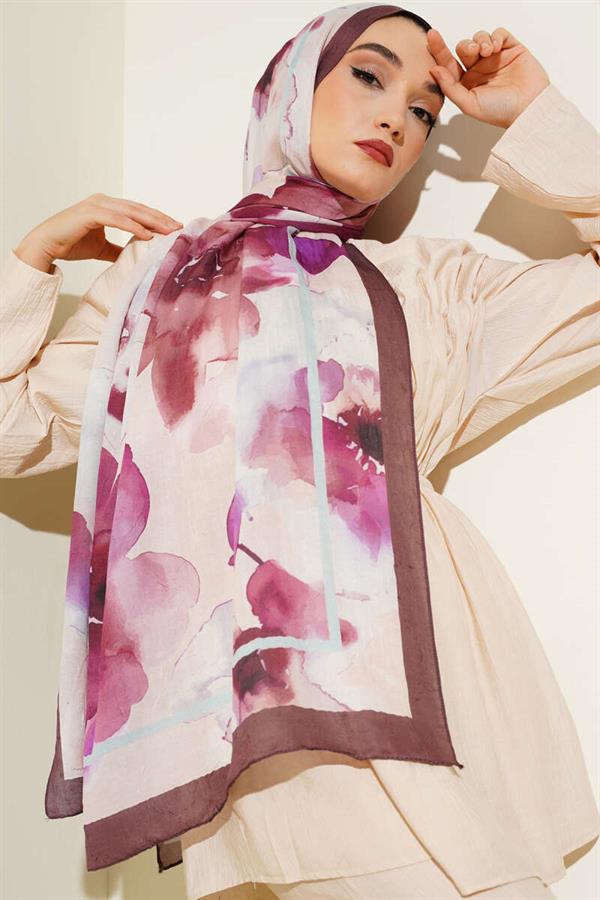 Floral Patterned Bamboo Shawl Bitter Coffee