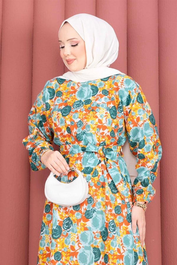 Floral Patterned Belted Dress with Gathered Waist, Mint
