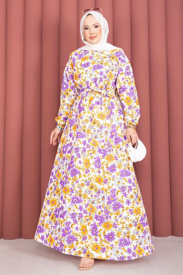 Floral Patterned Belted Dress in Plum