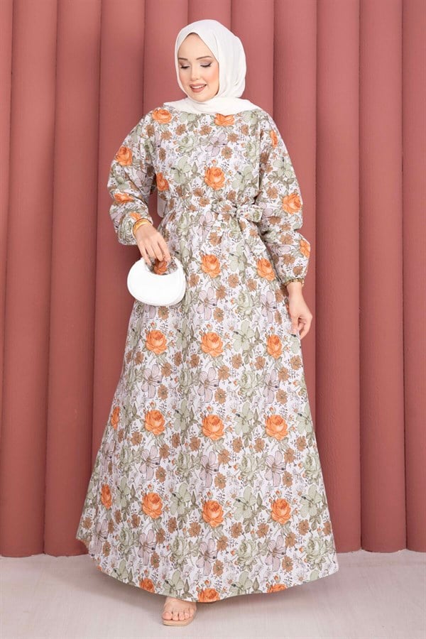 Floral Patterned Belted Dress, Green