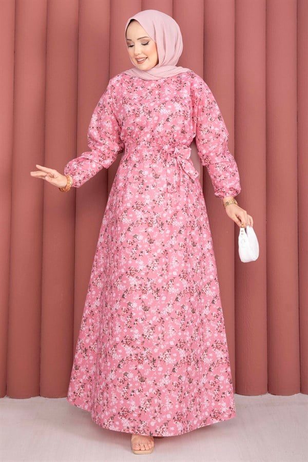 Floral Patterned Belted Dress with Gathered Waist -10