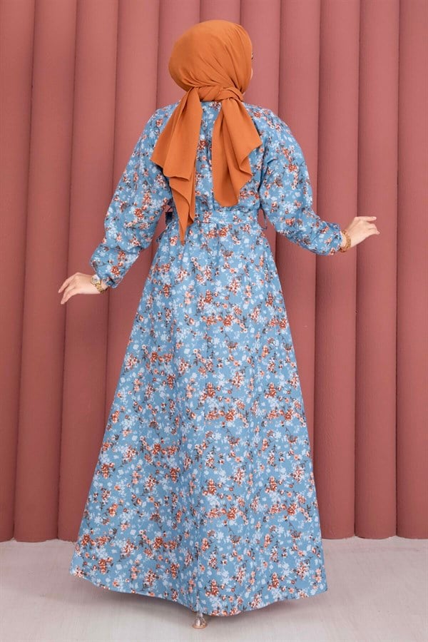 Floral Patterned Belted Dress with Gathered Waist -11