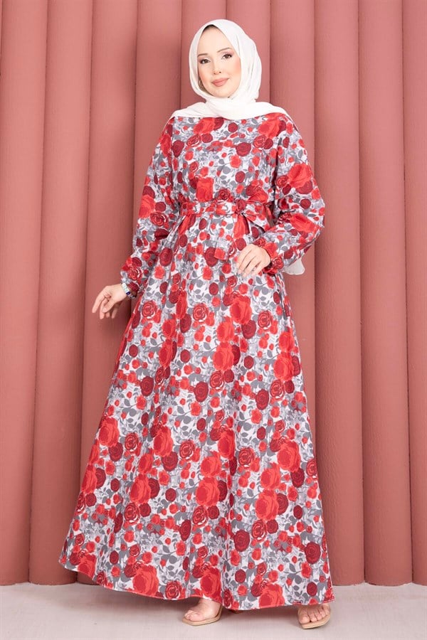 Floral Patterned Belted Dress, Red