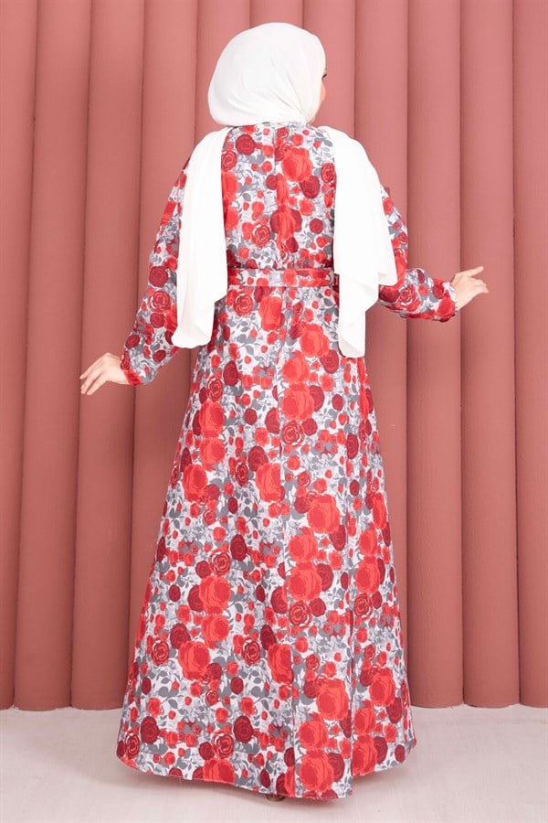 Floral Patterned Belted Dress, Red