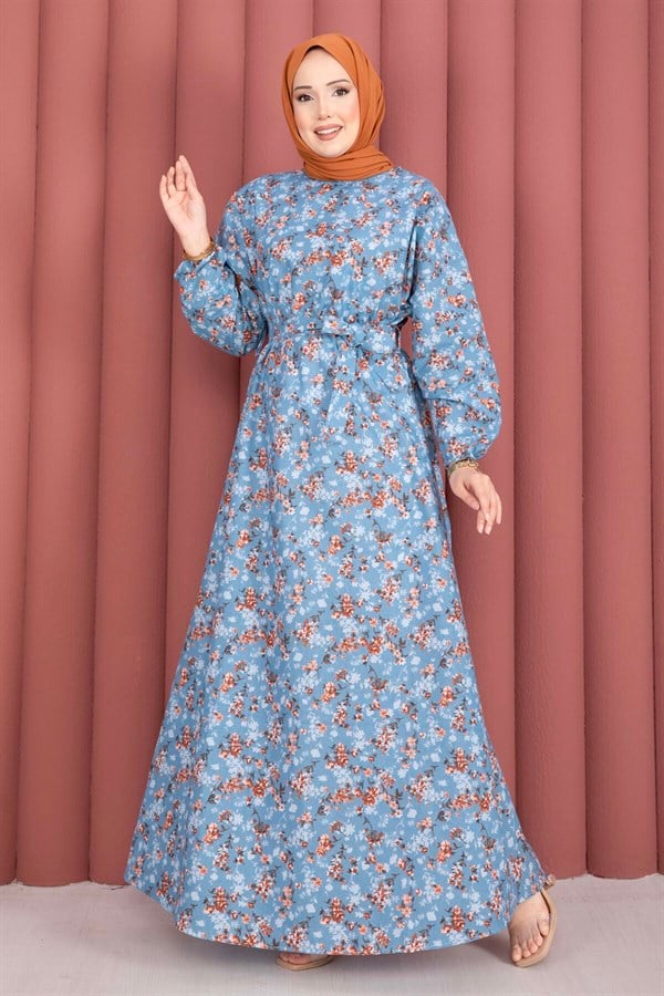Floral Patterned Belted Dress with Gathered Waist -11