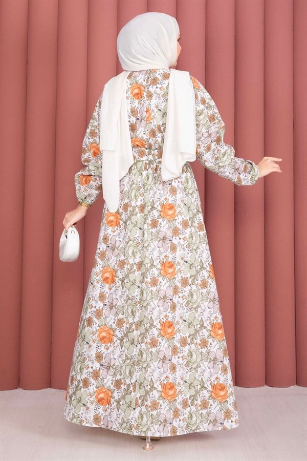 Floral Patterned Belted Dress, Green