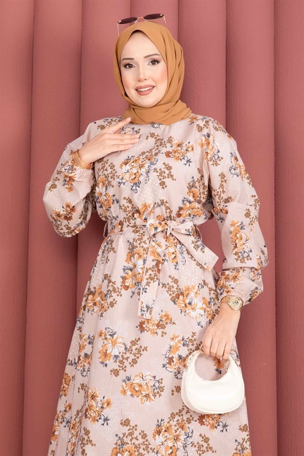 Floral Patterned Belted Dress, Beige
