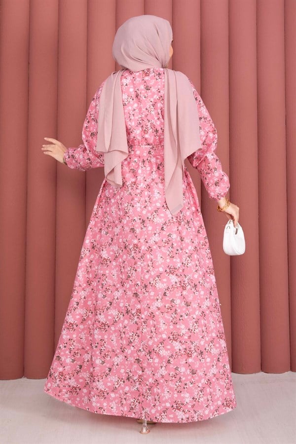 Floral Patterned Belted Dress with Gathered Waist -10