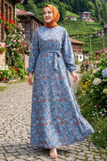 Floral Patterned Belted Dress with Gathered Waist -11