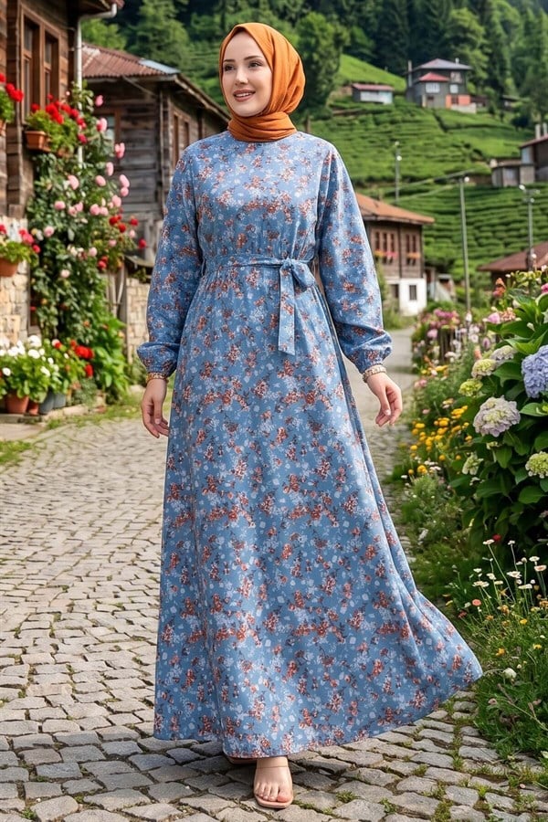 Floral Patterned Belted Dress with Gathered Waist -11