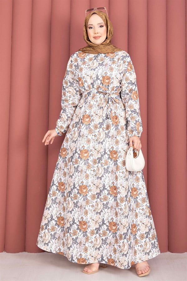 Floral Patterned Belted Dress in Brown