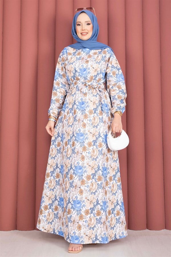 Floral Patterned Belted Dress in Indigo