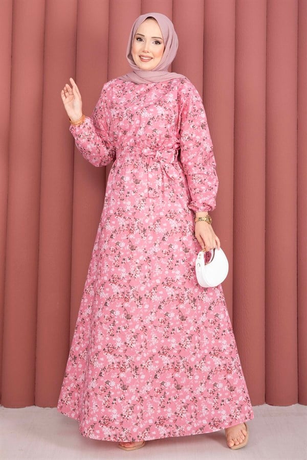 Floral Patterned Belted Dress with Gathered Waist -10