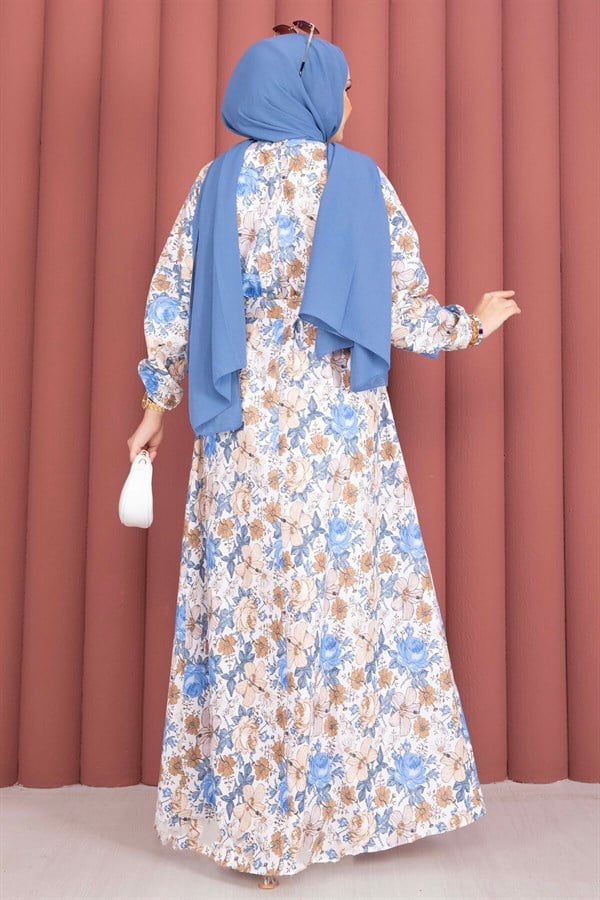 Floral Patterned Belted Dress in Indigo
