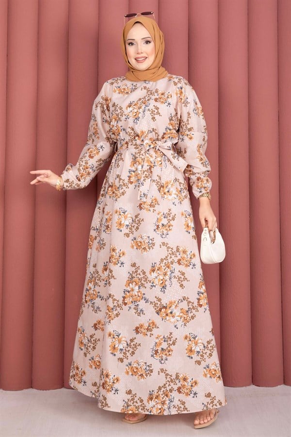 Floral Patterned Belted Dress, Beige